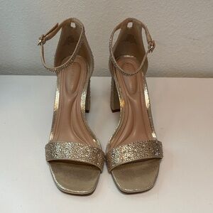 Sparkling Gold Block Heel Sandals with Ankle Strap